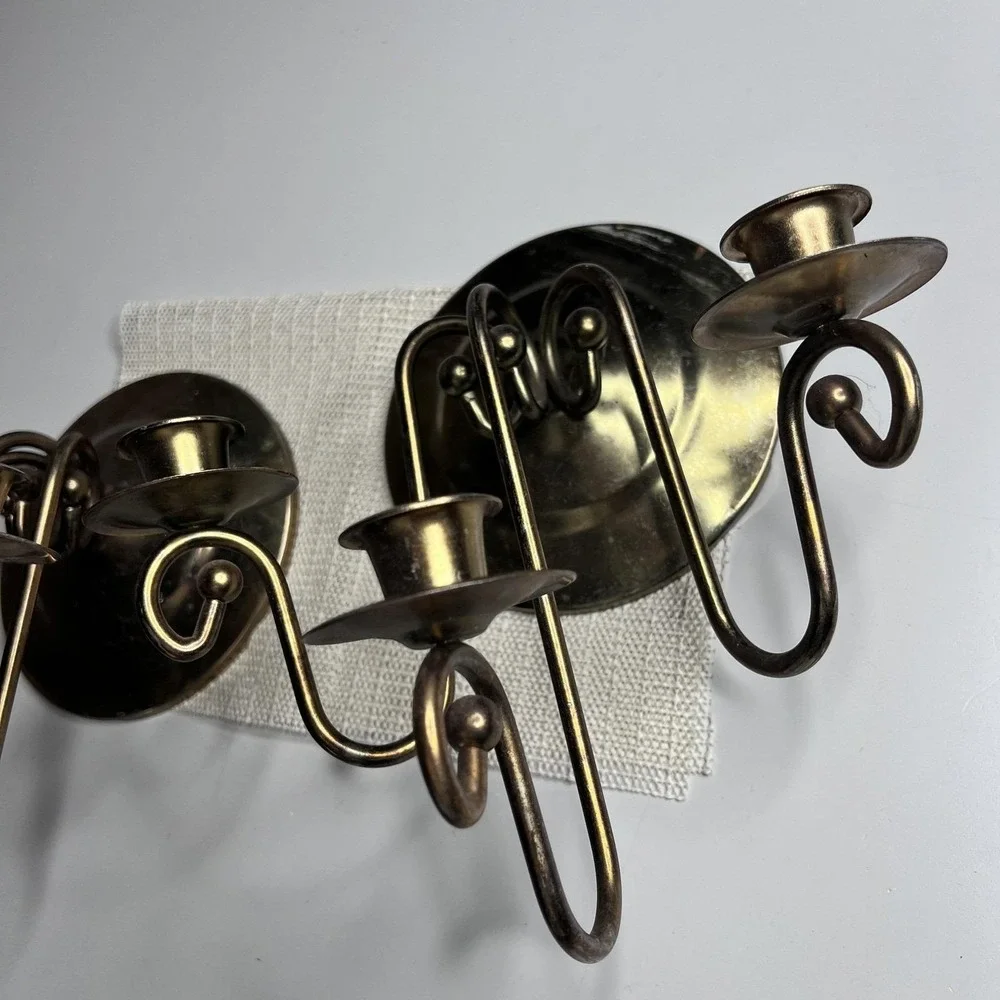 Vintage Gold Metal Wall Candle Sconces Set 2 Triple‎ Arm Traditional Decor